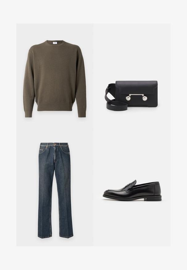 Sweter w kolorze khaki z teksturowanym wzorem, okrągłym dekoltem oraz prążkowanymi mankietami i dołem. Lekka tkanina, casualowy krój bez ozdób.; Ciemnoniebieskie dżinsy prostego kroju z przodu na guzik, z suwakiem, podwójnymi kieszeniami z przodu oraz widocznymi pionowymi zmarszczeniami na nogawkach.; Czarne skórzane mokasyny o gładkiej fakturze, zaokrąglonym nosku i dekoracyjnym pasku na przodzie. Niski, warstwowy obcas, minimalistyczny design.; Czarna skórzana torba na ramię z klapką, z metalowymi elementami w srebrnym kolorze i dwoma okrągłymi akcentami. Posiada odczepiany pasek. Gładka faktura.