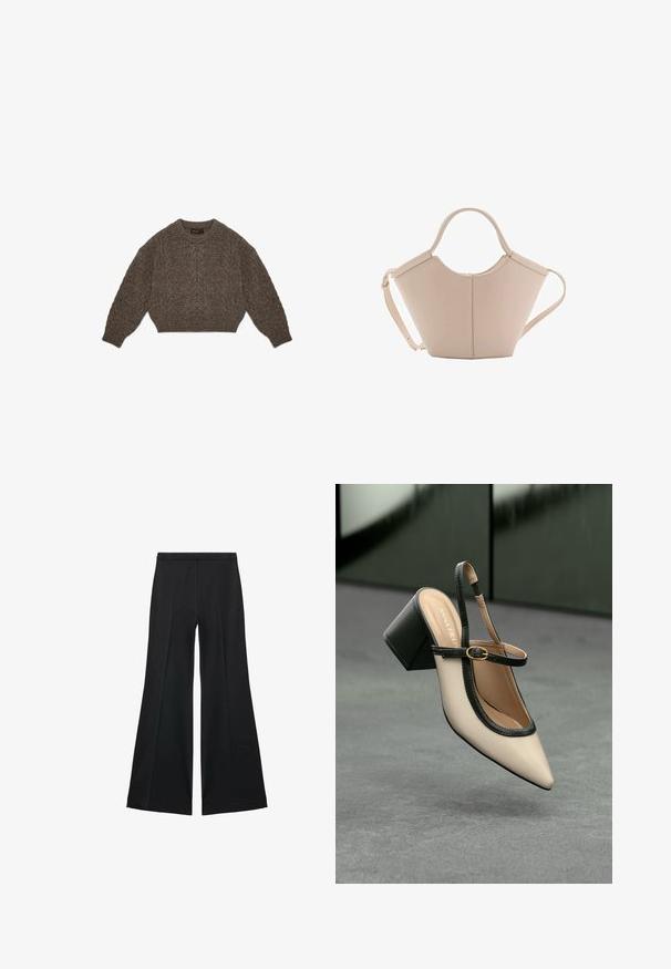Brown knitted sweater with a cropped design, cable pattern, and ribbed cuffs. Features a round neckline and soft texture.; Black wide-leg pants with a smooth texture, featuring front pleats and a tailored design. The fabric is lightweight and flowy.; Beige pointed-toe slingback shoe with black trim, gold buckle, and a chunky block heel on gray floor with dark green background.; Beige leather handbag with a unique shape, featuring two short handles and a long adjustable strap. Smooth texture with minimal hardware.