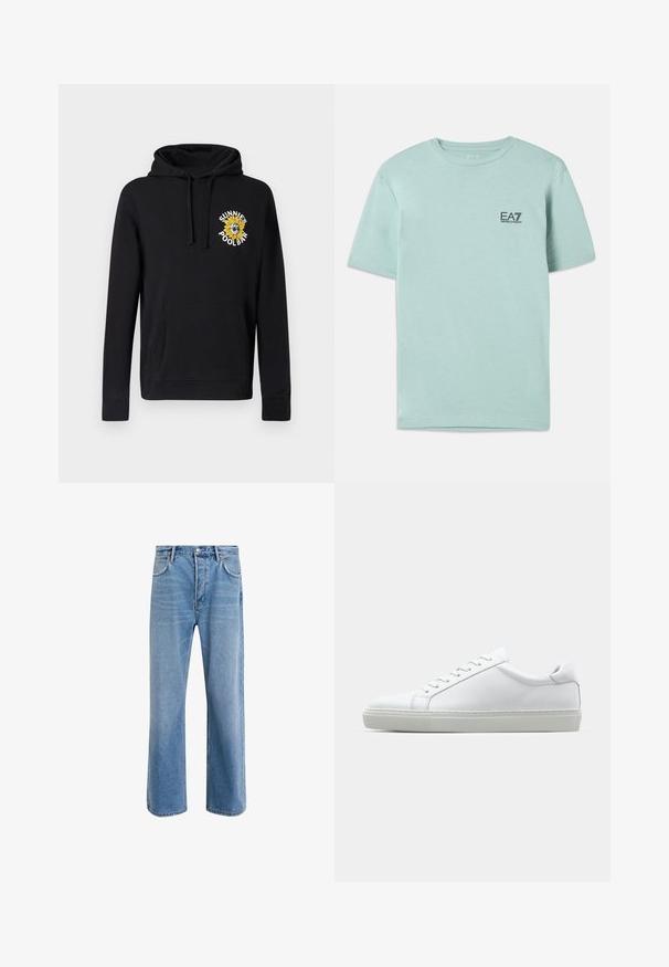 Fekete kapucnis pulóver pamutból, elülső zsebbel, húzózsinóros kapucnival és színes, hímzett napraforgó grafikával. Bordázott mandzsettákkal rendelkezik.; Világos mentazöld, pamutból készült póló, rövid ujjakkal és kerek nyakkal, a mellkasán egy kis fekete EA7 logóval.; Világoskék farmernadrág, egyenes szárú fazonnal, öt zsebbel, gombos záródással, minimális kopással és kontrasztos varrással.; Fehér sportcipő sima bőr felső résszel és alacsony profilsal. Kerek orr, hat fűzőlyuk és barázdált gumitalp jellemzi.