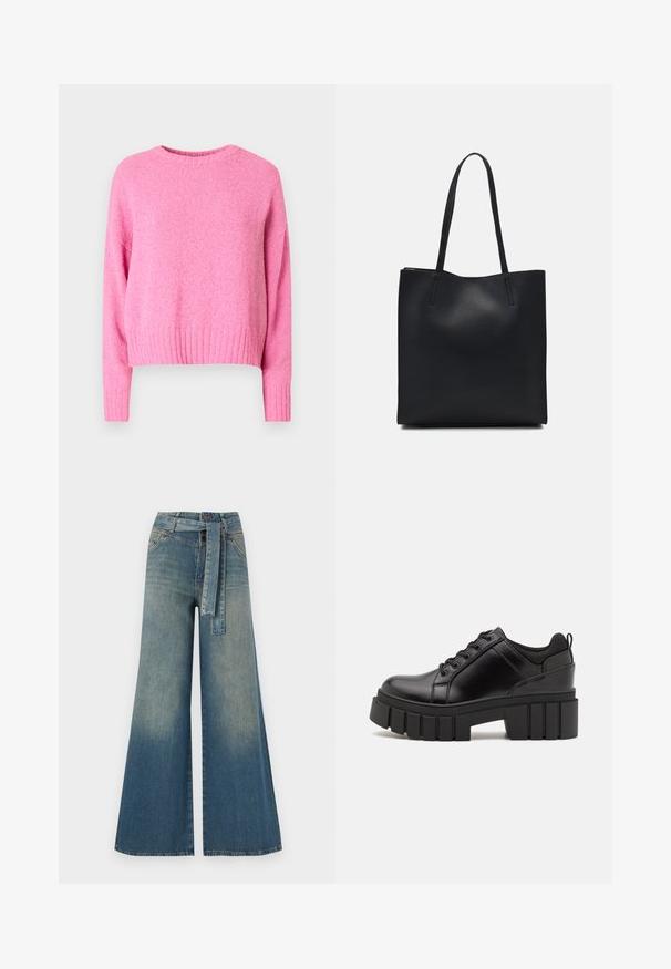 Pulover roz, tricotat, cu guler rotund, tiv cu ace și mâneci lungi. Materialul are un aspect moale, texturat.; Pantaloni din denim largi, cu un gradient de la albastru deschis la albastru închis, talie înaltă, bucle pentru curea și o curea din același material. Finisaj texturat din denim.; Pantofi cu talpă plată din piele neagră, cu toc gros, vârf rotund și design tradițional cu șireturi. Prezintă o textură netedă și detalii minime.; Geantă tote neagră din piele, cu textură netedă, formă rectangulară și două mânere lungi. Fără hardware vizibil sau ornamente.