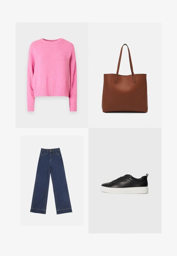 Rózsaszín, kötött pulóver kerek nyakkal, bordás aljjal és hosszú ujjakkal. Az anyag puha, texturált megjelenésű.; Sötétkék denim széles lábú farmernadrág. Öt zsebbel, övhurkokkal és nyers szegéllyel az alján, amelyen látható varrási részletek találhatók.; Fekete, alacsony szárú bőrsportcipő fekete fűzőkkel és vastag fehér gumitalppal, a külső oldalról, fehér háttér előtt.; Barna bőr vászontáska sima textúrával, nyitott tetejű dizájnnal és két vállpánttal. Minimális varrással és látható hardver nélkül készült.
