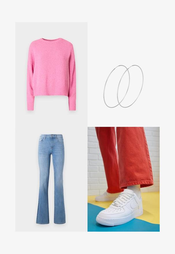 Roosa, kootud sviiter ümmarguse kaelusega, sooniku äärise ja pikkade varrukatega. Kanga pind on pehme ja tekstuurne.; Heledad sinine laienev teksariie, millel on keskmise kõrgusega vöökoht, klassikaline viie taskuga disain ja õrn pleekimine jalgadel. Denim kangas.; Valge nahast tennis, millel on perforeeritud varvas, tekstureeritud tallad ja valged shoelaces, kombineeritud laia punase pükste ja sinise ning kollase taustaga.; Hõbedased rõngastikkaehingad minimalistlikus disainis. Ümar kuju, sile tekstuur ja õhuke profiil. Kerged ning poleeritud viimistlusega.