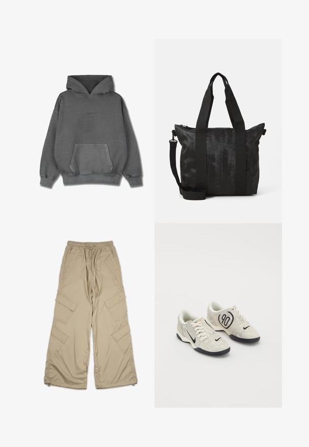 Pegador CLARITA - Hoodie - vintage grey grey gum; Beige cargo bukser med snor i taljen, flere sidelommer og en afslappet pasform. Lavet af letvægts, glat stof med syningsdetaljer.; Nike-sko med en beige og grå teksturert overflate, svarte detaljer, en stor "90" logo, og en hvit snøring. Svarte såler.; Svart totebag med teksturert stoff, doble topphåndtak og en avtakbar skulderrem. Har glidelås for sikker oppbevaring.