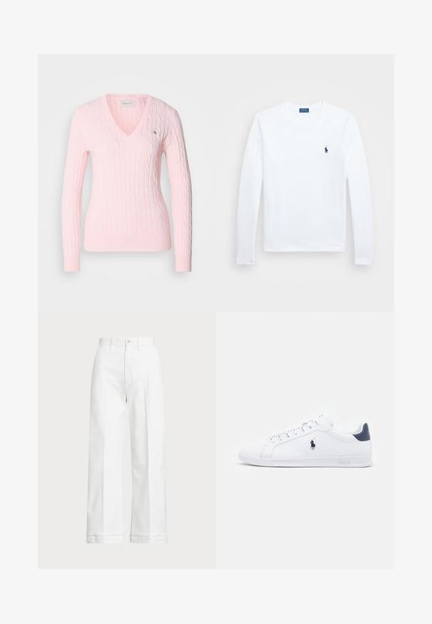 Roosa kudumipluusi V-kaelusega, millel on kaabli muster ja ribakujulised varrukad. Vasakul rinnal väike logo. Pehme tekstuur.; Valge pikkade varrukatega särk, puuvillane materjal, ümmargune kaelus, väikese tumepMereväe logoga vasakul rinnal. Lihtne disain, regulaarne lõige.; Valged laiad pükse kõrge vöökohaga, mis on varustatud nööpkinnipidamise ja peente õmblusdetailidega. Valmistatud puuvillast, millel on sile tekstuur.; Valged nahast spordijalanõud sileda pinnaga, tumesinised detailid ja väike logo külgedel. Omab lapikud paelu ja tekstureeritud kummitalda.