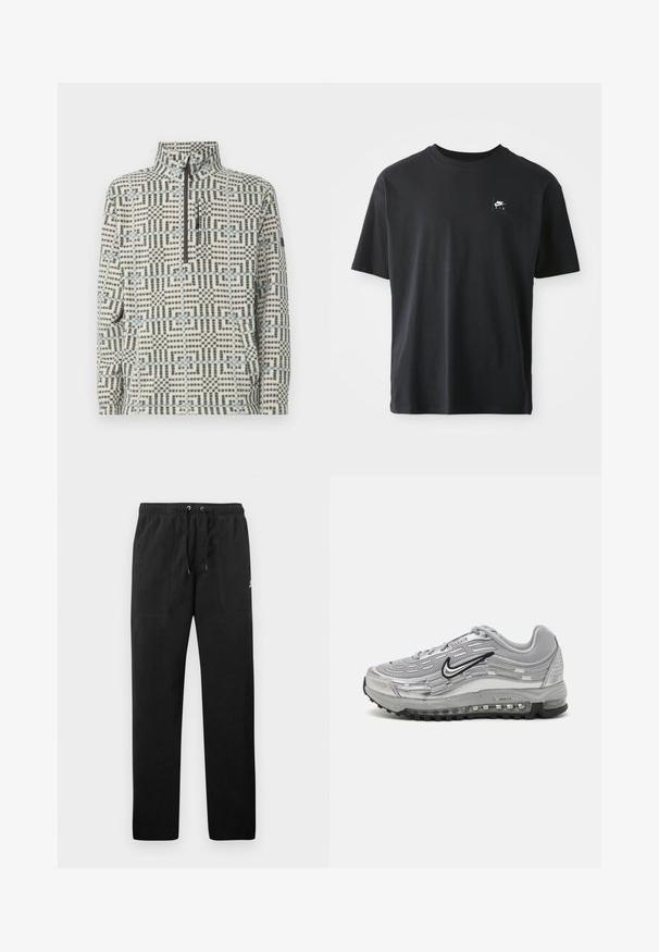 Pullover in pile con collo a mezza zip, caratterizzato da un motivo geometrico blu e verde su sfondo bianco. Texture morbida, vestibilità comoda.; Maglietta in cotone nera con maniche corte, colletto rotondo, con un piccolo logo rettangolare con la scritta "NIKE AIR" in bianco sul lato sinistro del petto.; Pantaloni sportivi neri in felpa, dotati di cintura elastica con cordini, due tasche anteriori e un piccolo logo sulla coscia.; Sneaker Nike Air Max grigie con parte superiore in rete e materiale sintetico, design ondulato, accenti neri e un'unità di ammortizzazione visibile.