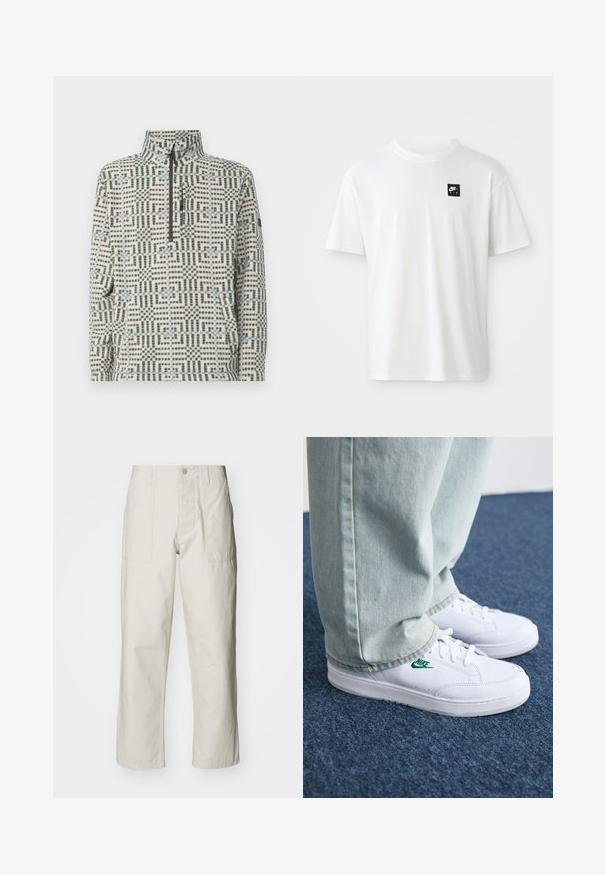 Pullover in pile con collo a mezza zip, caratterizzato da un motivo geometrico blu e verde su sfondo bianco. Texture morbida, vestibilità comoda.; T-shirt bianco in cotone con maniche corte e collo rotondo; presenta un piccolo logo rettangolare nero di Nike Air sul lato sinistro del petto.; Pantaloni a gamba larga beige chiaro in cotone. Presentano tasche frontali e chiusura con bottone. Tessuto liscio con sottili linee verticali.; Sneakers in pelle bianca con logo Nike verde, punta rotonda, suola piatta, abbinati a pantaloni in denim azzurro, mostrati su un tappeto blu.