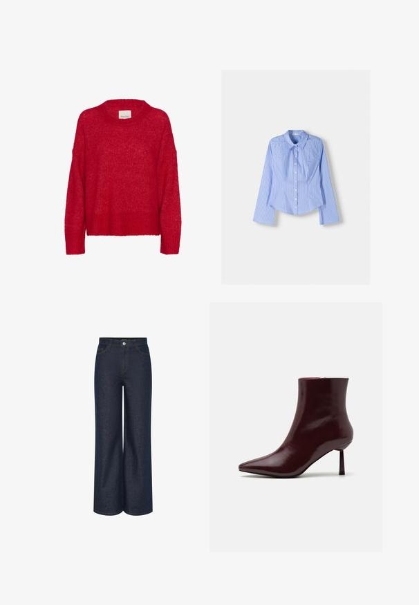 Pull en tricot rouge avec un col rond, des épaules tombantes, un ourlet côtelé et une texture douce, présentant une coupe ample et une apparence légère et aérienne.; Chemise à manches longues rayée bleue et blanche, avec col évasé, coupe ajustée et ourlet arrondi. Matière en coton texturé.; Jean en denim sombre à jambes larges avec une taille haute, coutures visibles en or contrastant, et poches avant et arrière. Design classique à cinq poches.; Bottine en cuir verni bourgogne avec un bout pointu et un talon aiguille Slim, présentant une texture lisse et brillante et un design minimaliste.