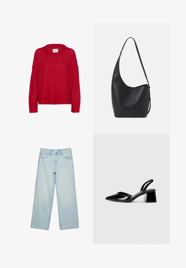 Roten gestrickten Pullover mit rundem Ausschnitt, überschnittenen Schultern, geripptem Saum und weicher Textur, der eine lockere Passform und ein leichtes, luftiges Aussehen bietet.; Helle blaue, weite Jeans aus Denim mit hoher Taille, fünf Taschen und subtilen Ausbleichungen. Gerader Schnitt mit gesäumten Kanten.; Schwarze Lackleder-Slingback-High Heels mit spitzem Schuh und einem geometrischen Blockabsatz. Verfügt über ein schlankes, minimalistisches Design und eine glatte Textur.; Schwarze Leder-Hobo-Tasche mit einer glatten Textur, geschwungener Form und einem einzelnen verstellbaren Tragegurt; verfügt über eine weite Öffnung am oberen Ende.