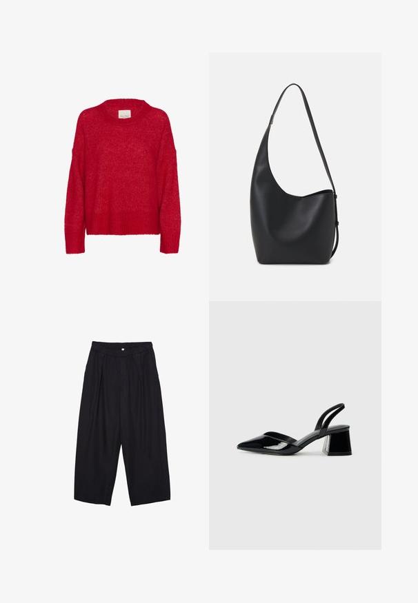 Roten gestrickten Pullover mit rundem Ausschnitt, überschnittenen Schultern, geripptem Saum und weicher Textur, der eine lockere Passform und ein leichtes, luftiges Aussehen bietet.; Schwarze Polyester-Culotte mit einem elastischen Bund, zwei vorderen Falten und einer lockeren Silhouette. Keine sichtbaren Muster oder Hardware-Details.; Schwarze Lackleder-Slingback-High Heels mit spitzem Schuh und einem geometrischen Blockabsatz. Verfügt über ein schlankes, minimalistisches Design und eine glatte Textur.; Schwarze Leder-Hobo-Tasche mit einer glatten Textur, geschwungener Form und einem einzelnen verstellbaren Tragegurt; verfügt über eine weite Öffnung am oberen Ende.