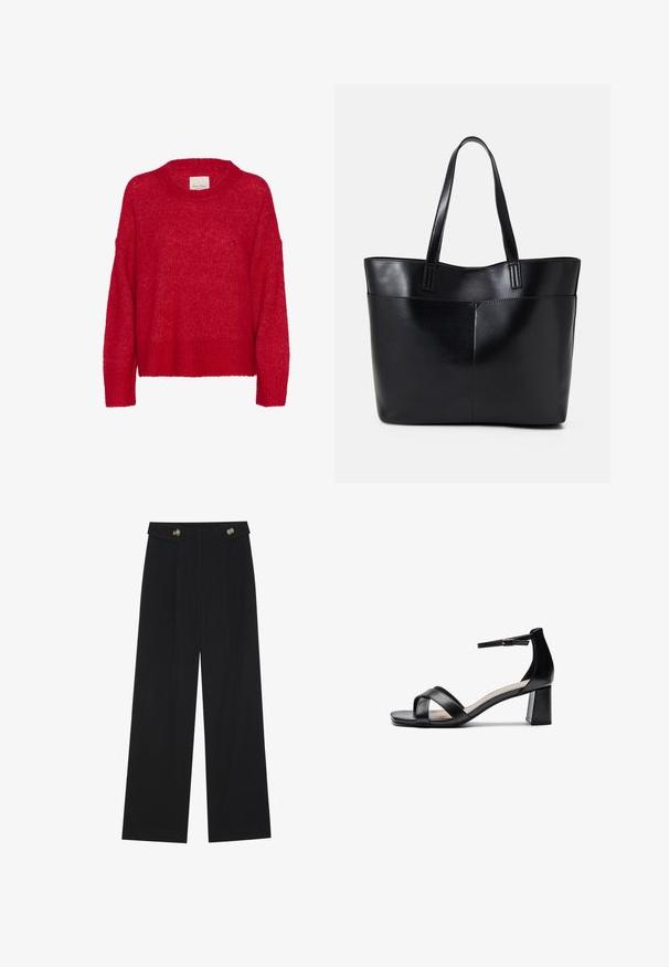 Pull en tricot rouge avec un col rond, des épaules tombantes, un ourlet côtelé et une texture douce, présentant une coupe ample et une apparence légère et aérienne.; Pantalons larges noirs à taille haute, avec des détails de boutons à la taille et des plis sur le devant.; Sandale à talon ouvert noire avec des brides croisées, une sangle de cheville ajustable et un talon épais, dotée d'une texture en cuir lisse.; Sac fourre-tout en cuir noir avec deux longues poignées, une texture lisse et une forme structurée. Dispose d'une poche avant pour un rangement supplémentaire.