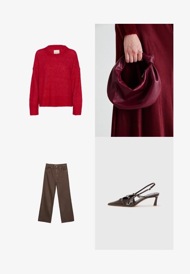 Crvena pletena pulover s okruglim izrezom, spuštenim ramenima, rebrastim donjim rubom i mekanom teksturom, karakteriziraju ga širok kroj i lagani, prozračni izgled.; Proširene smeđe traperice od denima, s visokim strukom, prednjim džepovima i klasičnom kopčom na dugme. Glatka tekstura s suptilnim šavovima.; Smeđe patent kožne slingback cipele s uskim vrhom, podesivim trakama i dekorativnim kopčama sprijeda. Visina potpetice od 3 inča.; Bordo kožni ruksač s mekim, naboranim dizajnom i zaobljenim oblikom. Ručka je sigurno pričvršćena, pokazujući glatku teksturu.