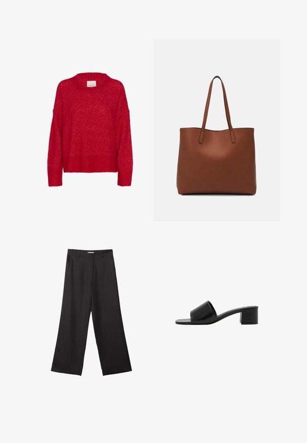 Roten gestrickten Pullover mit rundem Ausschnitt, überschnittenen Schultern, geripptem Saum und weicher Textur, der eine lockere Passform und ein leichtes, luftiges Aussehen bietet.; Schwarze weite Hosen aus glattem Stoff, mit einem Reißverschluss vorne und zwei seitlichen Taschen, maßgeschneiderter Passform und minimalistischem Design.; Schwarze Leder-Sandale mit offenem Zehenbereich, breitem Riemen und solidem Blockabsatz. Sie zeichnet sich durch eine glatte Textur und ein minimales Design aus.; Braune Leder-Tote mit glatter Textur, offenem Oberteil und zwei Schulterriemen. Verfügt über minimale Nähte und keine sichtbaren Beschläge.