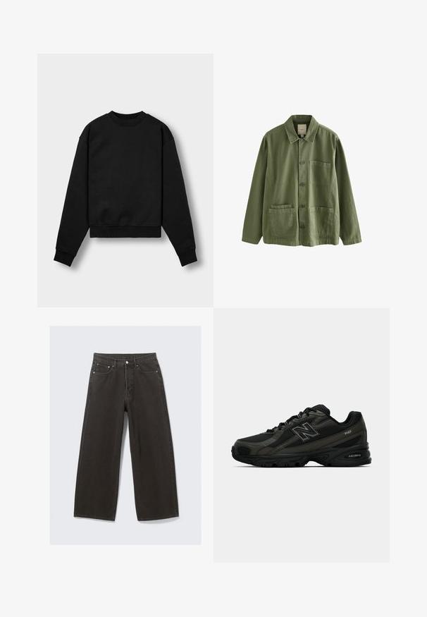 Crna skraćena dukserica dugih rukava, okruglog izreza i rebrastim manžetama. Ima mekanu teksturu tkanine i minimalistički dizajn.; Maslinasto zeleni kaput od pamuka s prednjim gumbima, šiljastim ovratnikom i četiri džepa. Ima opušteni kroj i meku teksturu.; Široke crne traperice imaju visok struk, dizajn s pet džepova i zatvaranje na dugme. Tkanina ima mekan, teksturiran završetak.; Crne atletske tenisice s teksturiranim sintetičkim gornjim dijelom, s udobnom potplate i istaknutim "N" logotipom sa strane. Dizajn uključuje lagane mrežaste dijelove.