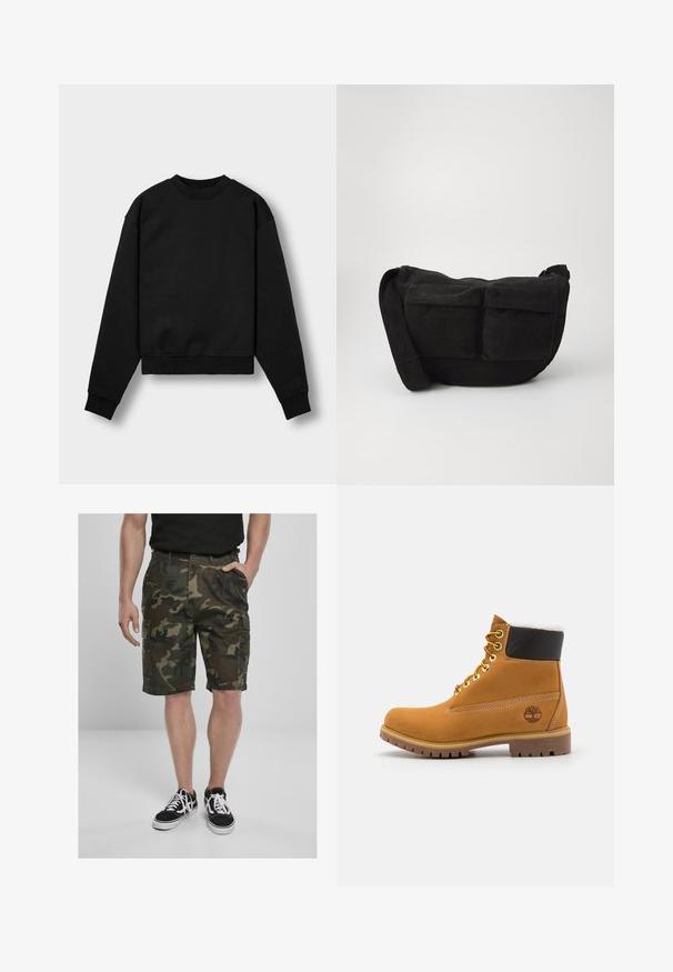 Musta lyhyt cropped-huppari, jossa on pitkät hihat, pyöreä kaula-aukko ja ribbaatut hihansuut. Ominaisuuksiin kuuluu pehmeä kankaan tekstuuri ja minimalistikot suunnittelu.; Kampahousu cargo vaaleanvihreä- ja ruskeasävyinen kudottu kangas, jossa on cargo-taskut. Yhdistetty mustiin lenkkareihin, joissa on valkoiset nauhat.; Ruske nahkasaapad ankle-moodi, metallist silmadega, valge karvase voodriga, musta pehmendusega kaeluse ja läbilöökide tald. Kotiriide logo on küljes.; Mustakoska ristiselkäkott, jossa on säädettävä olkahihna, etutaskut ja pehmeä pinta. Kompakti muotoilu, jossa on vähäiset yksityiskohdat.