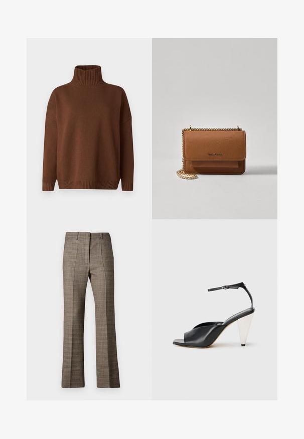 Weekend Max Mara BORGIA - Pulover - cuoio; Brašnaste karirane hlače ravnega kroja, izdelane iz teksturirane tkanine s subtilnimi odtenki bež in temnejših rjavih odtenkov znotraj vzorca.; Črne usnjene sandale s peto, odprto toe, asimetričnim dizajnom, zaponko okoli gležnja in kovinsko stožčasto peto. Gladka tekstura po celotni površini.; Rjava teksturirana usnjena torba čez ramo z zlatim verižnim trakom in zapiranjem na pokrov. Spredaj je vidna podrobnost logotipa in žep pod pokrovom.