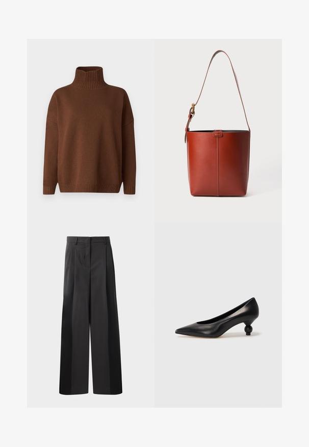 WEEKEND MaxMara BORGIA - Maglione - cuoio; Pantaloni neri a gamba larga con vita alta, caratterizzati da pieghe frontali, una texture liscia e una finitura sartoriale. Progettati per un fit rilassato.; Scarpa con tacco alto in pelle nera, con punta affilata e tacco arrotondato e bombato. Texture liscia con un design elegante e minimalista.; Borsa a secchiello in pelle marrone con tracolla regolabile e fibbia dorata, semplice dettaglio di cucitura verticale sul davanti.