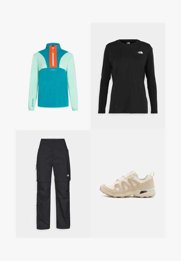 Teal pullover sweatshirt with a half-zip; features orange accent panel and "O'Neill" logo. Made of soft, textured fabric; long sleeves.; Black long-sleeve t-shirt made of cotton with a round neck. Features a small white logo on the left chest area. Simple design and fit.; Black nylon zip-off cargo trousers with adjustable cuffs, multiple pockets, and a logo on the right leg. Smooth, lightweight texture.; Beige and cream athletic shoe with textured mesh upper, supportive overlays, and rubber outsole featuring a tread pattern for traction.