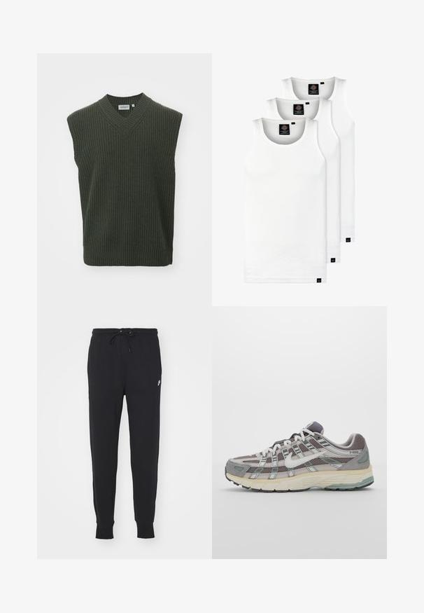 Carhartt WIP MARLON ciemnozielony; Trzy białe prążkowane koszulki na ramiączkach wykonane z bawełny. Posiadają okrągły dekolt i małe czarne metki blisko dolnego brzegu. Dostępne w różnych rozmiarach.; Czarne spodnie dresowe wykonane z mieszanki bawełny, z elastycznym paskiem na sznurku, zwężanymi nogawkami oraz małym białym logo z przodu.; Szare buty sportowe z siateczkowym i zamszowym wierzchem, białymi akcentami, amortyzowaną podeszwą oraz charakterystycznym designem z elementami odblaskowymi.