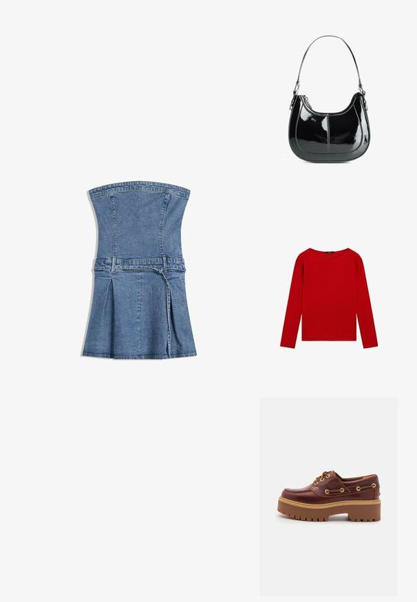 Langärmliges rotes Oberteil mit rundem Ausschnitt, vor einem weißen Hintergrund präsentiert, der sein einfaches, lebendiges Design zur Schau stellt.; Jeanskleid mit strukturiertem Oberteil, blauer Farbe, ausgestelltem Rock und geplotteten Details. Verfügt über einen verstellbaren Taillenbund und einen Reißverschluss.; Braune Lederbootsschuhe mit einer massiven braunen Gummisohle, goldenen Ösen und kontrastierenden Nähten. Mit einem Logo an der Seite.; Schwarze Handtasche aus lackiertem Leder mit geschwungenem Design, Reißverschluss und einem einzelnen Schulterriemen, der mit silberfarbenen Beschlägen und Akzenten in der Naht versehen ist.