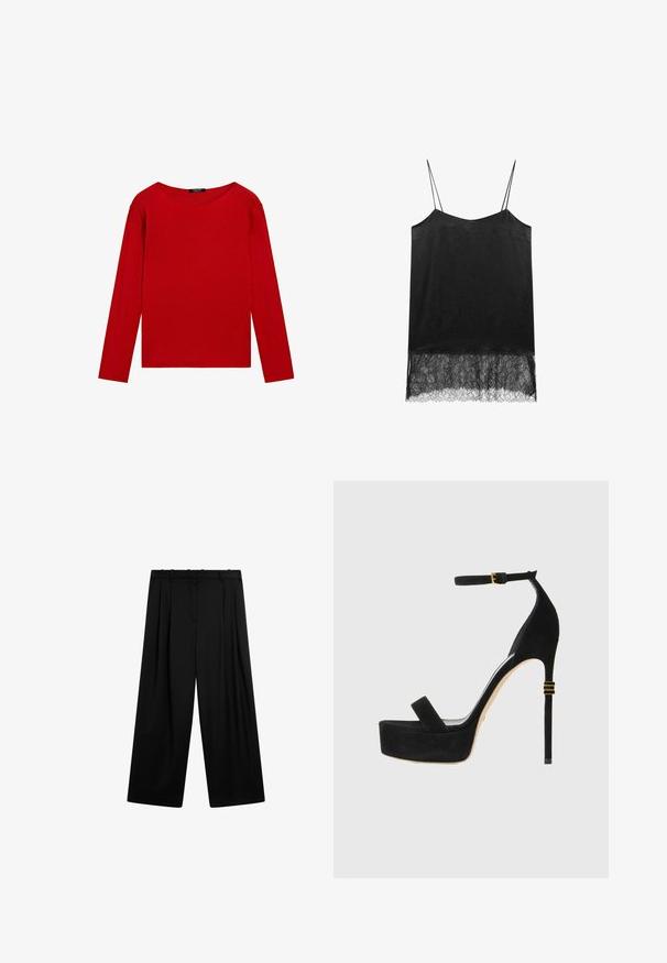 Maglietta rossa a maniche lunghe con scollo rotondo, esposta su uno sfondo bianco, che mette in risalto il suo design semplice e vivace.; Camisola nera con spalline sottili, realizzata in un tessuto texturizzato e con dettaglio in pizzo sull'orlo. Finitura liscia sulla parte superiore, motivo in pizzo intricato nella parte inferiore.; Massimo Dutti DARTED - Pantaloni - black; Sandalo platform alto in suede nero con cinturino alla caviglia e accenti in hardware color oro. Caratterizzato da una punta arrotondata e un tacco a stiletto.