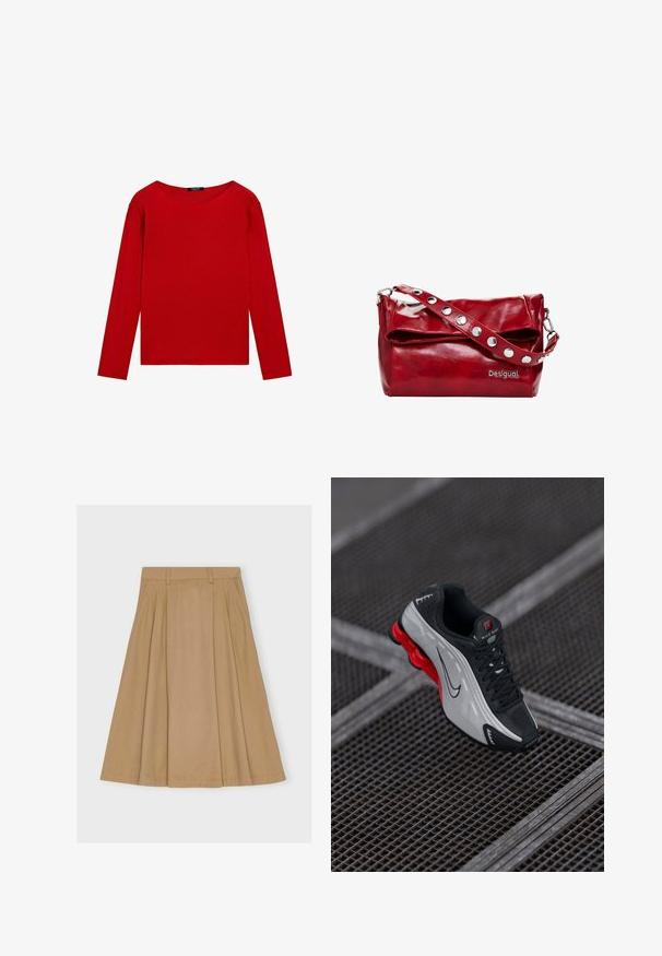 Rood T-shirt met lange mouwen en een ronde halslijn, gepresenteerd tegen een witte achtergrond, die het eenvoudige, levendige ontwerp benadrukt.; Knielange, geplooide rok van lichtbruin katoen, met een aansluitende tailleband met riemlussen en een rechte zoom.; Zwarte en grijze sportieve schoen met een rode dempende zool, zwarte veters en een swoosh-logo, rustend op een metalen rasteroppervlak.; Rode synthetische leren schoudertas met een omslagflap, zilveren drukknoopaccenten op de band, en een bedrukte "Desigual" logo.