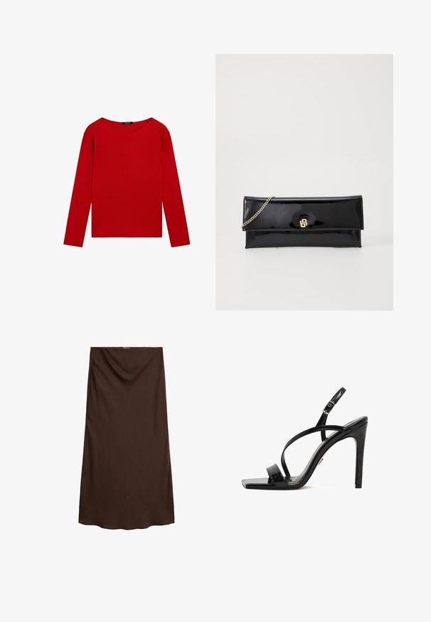 Maglietta rossa a maniche lunghe con scollo rotondo, esposta su uno sfondo bianco, che mette in risalto il suo design semplice e vivace.; Gonna marrone al ginocchio realizzata in tessuto morbido con un design drappeggiato e una vita elastica per comfort e flessibilità.; Sandali con tacco in vernice nera caratterizzati da una punta quadrata, una sottile cinghia alla caviglia e fasce incrociate sul davanti con un alto tacco a stiletto.; Clutch in pelle patent nera con tracolla a catena dorata, caratterizzato da un design a pattina semplice e logo impresso sul davanti. Finitura liscia e lucida.