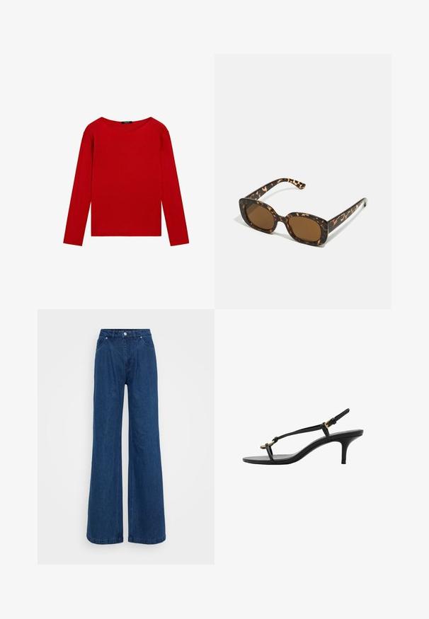 Langärmliges rotes Oberteil mit rundem Ausschnitt, vor einem weißen Hintergrund präsentiert, der sein einfaches, lebendiges Design zur Schau stellt.; Weite blaue Jeans mit hoher Taille, vorderem Knopf- und Reißverschlussverschluss sowie Vorder- und Hintertaschen vor einem schlichten Hintergrund.; Schwarze Leder-Kitten-Heel-Sandale mit dünnen Riemen, goldener Schnalle und minimalistischer Zehen-Schlaufe vor einem weißen Hintergrund.; Schildpatt-Sonnenbrille mit einem runden, klobigen Rahmen und braunen Gläsern. Verfügt über dezente Muster und gerade, zulaufende Bügel.; Schwarze Leder-Tote mit glatter Textur, strukturiertem Design, zwei Griffen und einem auffälligen silbernen Schnallen-Detail auf der Vorderseite.