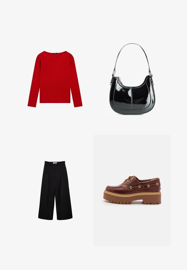 Rood T-shirt met lange mouwen en een ronde halslijn, gepresenteerd tegen een witte achtergrond, die het eenvoudige, levendige ontwerp benadrukt.; Zwarte wijde broek met een hoge taille, geplooide voorkant en knoopsluiting. Gemaakt van gladde stof met een scherp gesneden ontwerp.; Bruine leren botenschoenen met een stevige bruine rubberen zool, gouden ogen en contraststiksels. Heeft een logo aan de zijkant.; Zwarte gepatineerde leren handtas met een gebogen ontwerp, ritssluiting en een enkele schouderriem met zilverkleurige hardware en stikselaccenten.