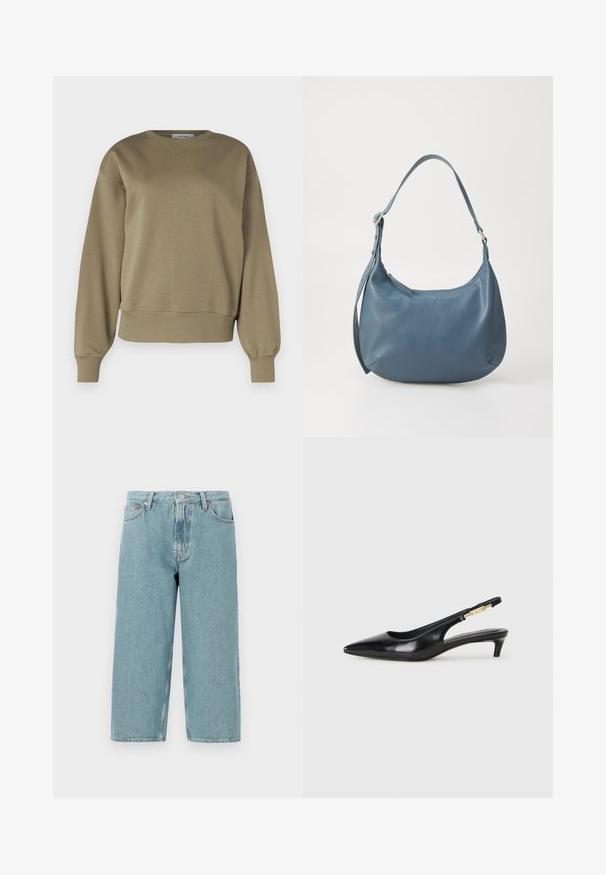 IVY OAK KAREN - Camisola - khaki; Shorts de denim azul claro com cintura alta, corte reto e bainha desfiada. Apresenta um fecho clássico de botão e zipper, além de quatro bolsos.; Saltos slingback em couro preto com bico fino, apresentando um salto esguio e um detalhe em tom dourado na alça ajustável. Textura suave.; Bolsa de couro azul com formato arredondado, alça única para o ombro, fecho em zíper e nome da marca em relevo na parte da frente. Textura suave.