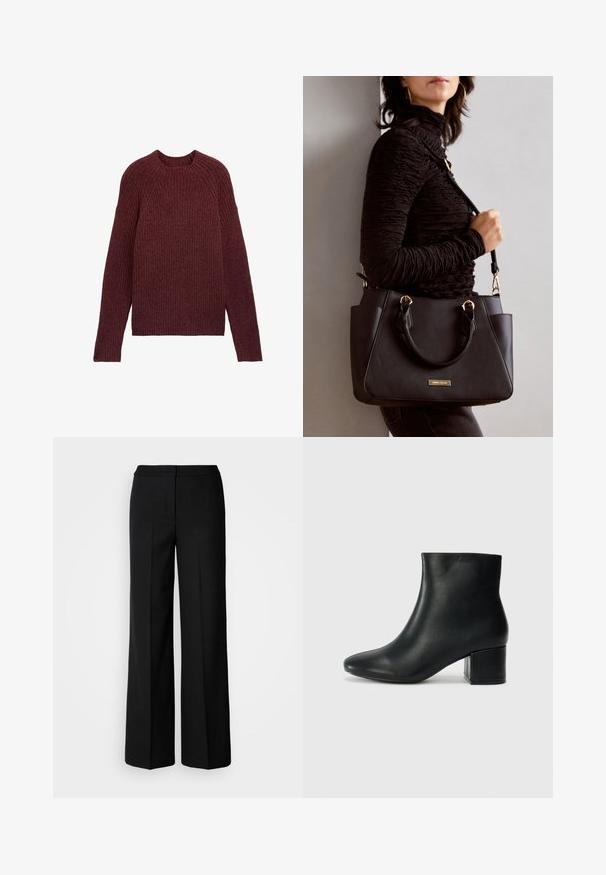 TOM TAILOR DENIM MIT STEHKRAGEN - Džemperis - tawny port red melange; Juodos plačios kojų kelnės su lygia medžiaga, pasižyminčios aukštu liemeniu, pritaikytais siūlėmis ir minimalistiniu dizainu. Nėra matomų metalo detalių ar kišenių.; Juodos odinės aulinės botai su smailiu priekiniu pirštu ir storu kulnu. Lygus tekstūra su minimaliomis detalėmis ir elegantišku, tvirtai priglundančiu dizainu.; Juodas rankinės maišelis su struktūrizuota paviršiumi, dvigubais viršutiniais rankenėlėmis ir reguliuojamu peties diržu. Įrengtas aukso spalvos furnitūra ir šoninės kišenės.
