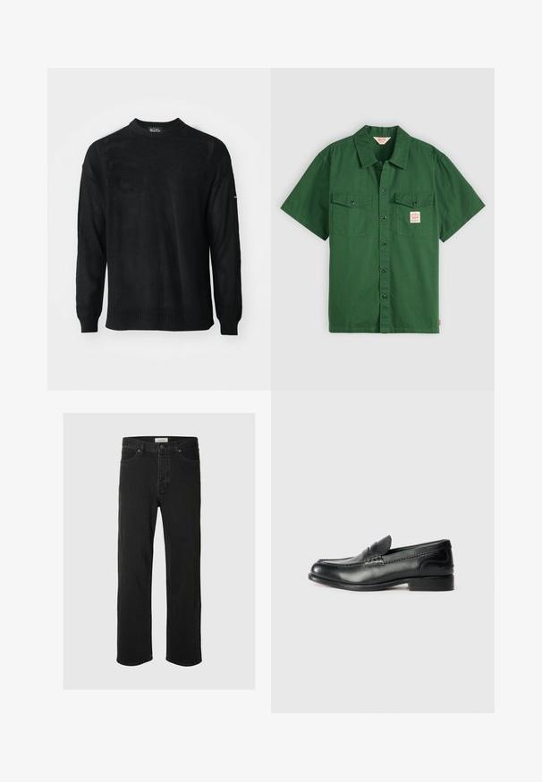 Crni pleteni pulover s okruglim izrezom, dugim rukavima i rebrastim manžetama. Ima teksturirani uzorak i opuštenu siluetu.; Zelena pamučna majica kratkih rukava s dugmadi sprijeda, dva džepa na prsima i malom oznakom na lijevom džepu. Jednostavna, bez uzoraka.; Crne traperice ravnog kroja s pet džepova imaju klasičan dizajn s kopčanjem na dugme, minimalnim šavovima i mekanom teksturom.; Crne kožne mokasine s glatkom finisiranjem, šivanim detaljima duž gornjeg dijela i lagano povišenim petama.