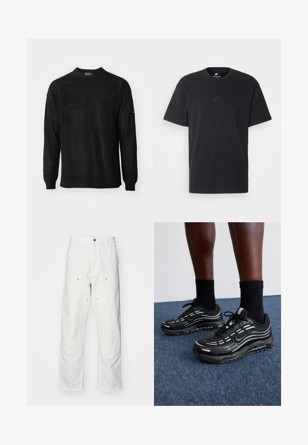 Črna pletena jopica z okroglo ovratnico, dolgimi rokavi in ribastimi manšetami. Ima teksturiran vzorec in sproščen kroj.; Nike črna bombažna majica z klasičnim okroglim izrezom, kratkimi rokavi in subtilnim, vtisnjenim logotipom na prsih. Gladka tekstura.; Bela bombažna cargo hlače z udobnim krojem. Značilnosti vključujejo sprednje žepe, zlato poudarjeno kovinsko opremo in ojačane kolenske dele.; Črne Nike čevlje imajo mrežasto zgornji del z naglasnimi črtami, teksturirane vezalke in črn gumijast podplat. Nosijo se s črnimi rebrastimi nogavicami.