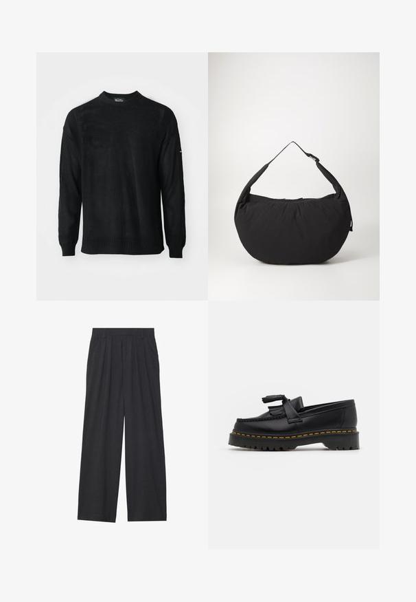 Črna pletena jopica z okroglo ovratnico, dolgimi rokavi in ribastimi manšetami. Ima teksturiran vzorec in sproščen kroj.; Široke hlače iz temno sive tkanine. Imajo nabore na pasu, prilagojen dizajn in ravno silhueto.; Črne usnjene loafersice s kaširanim naglasom, z debelim črnim podplatom in rumenim šivom ob robu. Teksturirana površina.; Črna platnena torba za ramo s ukrivljeno obliko, opremljena z enim trakom in zadrgo. Mehak material, minimalističen dizajn.; Tri-slojni srebrni kovinski ogrlica z elegantnimi, fleksibilnimi verigami z rahlim leskom, varovana z zaponko s katero se zaključi in nastavljivo verigo.