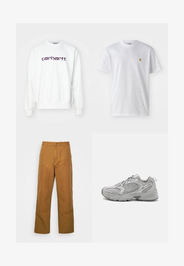 Biely sveter s okrúhlym výstrihom, rebrovanými manžetami a lemom. Na prednej strane sa nachádza fialový vyšívaný logo "carhartt.". Vyrobený z mäkkého materiálu.; Biele bavlnené tričko s krátkymi rukávmi, okrúhlym výstrihom, s malým zlatým logom na ľavej strane hrude. Mäkká textúra a normálny strih.; Hnedé bavlnené utility nohavice so strihom rovného nohu, ktoré obsahujú predné vrecká a kovové detaily pre zvýšenú odolnosť.; Strieborná športová obuv so štíhlym dizajnom, sieťovanými panelmi, polstrovaným jazykom, textúrovaným syntetickým zvrškom a gumovou podrážkou pre trakciu.