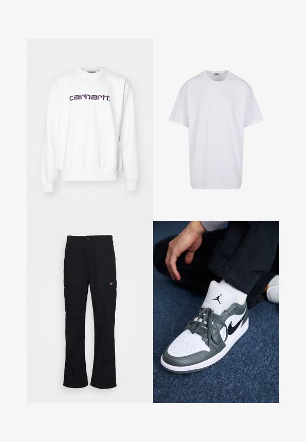 Hanorac alb cu gât rotund, cu mansete și tiv din tricot. Are logo-ul brodat "carhartt." în violet pe partea din față. Fabricat dintr-un material moale.; Tricou alb din bumbac cu mâneci scurte, decolteu rotund, croială lejeră și fără logo-uri sau modele vizibile. Textură netedă și design minimalist.; Pantaloni cargo negri cu un design drept, fabricați dintr-un material durabil, având buzunare laterale și un logo aplicat pe partea stângă.; Adidași Nike Air Jordan 1 în piele albă și gri, cu un logo negru, vârful perforat și șireturi plate gri.