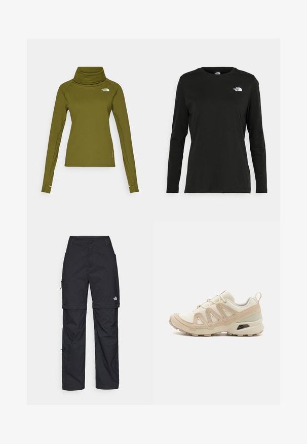 The North Face BASELAYER DRAGLINE LS - Mikina - forest olive; Čierne tričko s dlhým rukávom vyrobené z bavlny s okrúhlym výstrihom. Obsahuje malé biele logo na ľavej strane hrudníka. Jednoduchý dizajn a strih.; Čierne nylonové cargo nohavice s odnímateľnými nohavicami, nastaviteľnými manžetami, viacerými vreckami a logom na pravej nohe. Hladká, ľahká textúra.; Beige a krémová športová obuv s textúrovaným sieťovým zvrškom, podporujúcimi prekrytiami a gumovou podrážkou s dezénom pre trakciu.