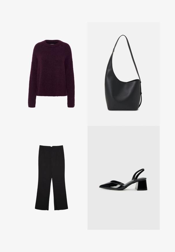 Pull violet, à coupe ample, avec un col rond. Fabriqué en matériau doux et duveteux. Les poignets et l'ourlet côtelés rehaussent la texture.; Pantalon noir avec une coupe droite, doté de poches avant et d'éclairs sur l'ourlet. Fabriqué en tissu doux et lisse. Convient à diverses occasions.; Escarpins en cuir verni noir avec bout pointu et talon bloc géométrique. Présente un design élégant et minimaliste ainsi qu'une texture lisse.; Sac hobo en cuir noir avec une texture lisse, une forme incurvée et une seule sangle réglable ; dispose d'une large ouverture en haut.