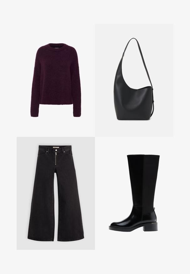 Maglione viola, dal taglio ampio, con scollo rotondo. Realizzato in materiale morbido e peloso. Le maniche a costine e l'orlo migliorano la texture.; Jeans a gamba larga in denim nero con chiusura a zip, design a cinque tasche e dettagli di cucitura sottili. Texture morbida e stile casual.; Stivale nero fino al ginocchio in pelle liscia, con evidenti cuciture, tacco spesso e pannello posteriore testurizzato per un tocco di interesse in più.; Borsa hobo nera in pelle con una superficie liscia, forma curvata e una singola tracolla regolabile; presenta un'ampia apertura nella parte superiore.