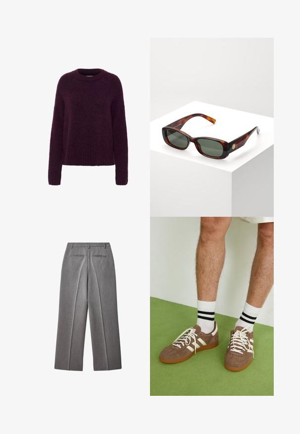 Violetinė, laisva forma megztinis su apvalia apykakle. Pagamintas iš minkštos, pūkuotos medžiagos. Rizikuoti rankogaliai ir apačia prideda tekstūros.; Pilkos pritaikytos kelnės su lygia priekiu, tiesiomis kojomis, dviem užpakaliniais kišenėmis ir subtilia tekstūra.; Rudoni veršiai sportbačiai su baltais akcentais ir raišteliais. Gumos padu. Dėvimi su baltais kojinėmis, turinčiomis juodas juostas. Žalios tekstūruotos grindys.; Šinšilos rašto stačiakampiai akiniai saulės spinduliams su žaliais lęšiais. Plati rėmelio struktūra, lygi apdaila, auksinė akcento detalė pusėje ir siauri šventyklėlės.