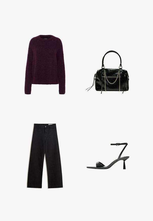 Lila, weit geschnittene Pullover mit rundem Halsausschnitt. Aus weichem, flauschigem Material gefertigt. Gerippte Bündchen und Saum verleihen Textur.; Schwarze weit geschnittene Jeans mit hoher Taille, ausgestattet mit Vorder- und Hintertaschen, gesteppten Nähten und einem Knopfverschluss. Glatte Textur.; Bershka High Heel Sandalette - black; Bershka WITH CHAIN - Handtasche - black