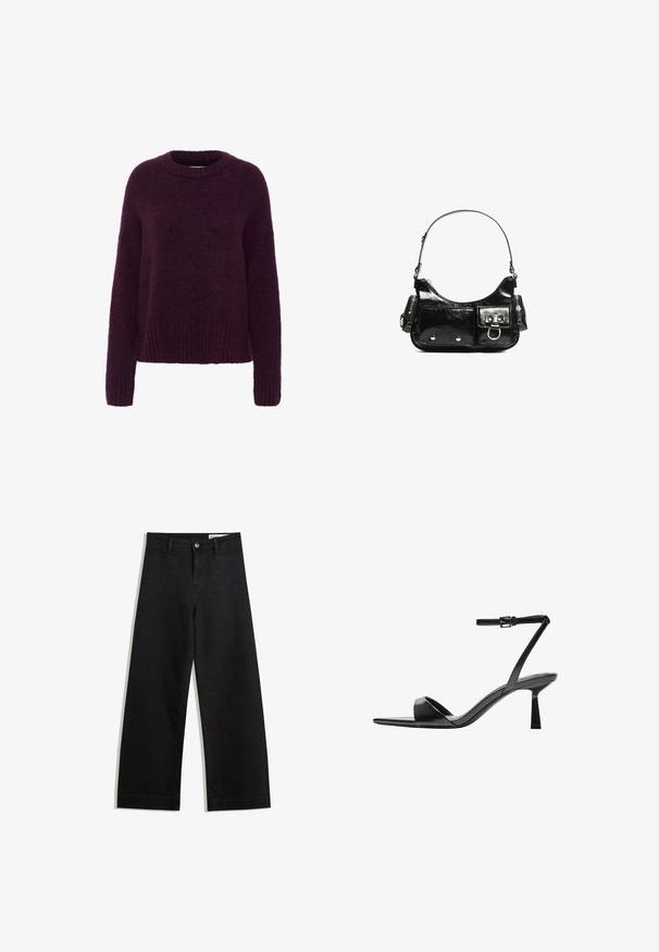 Lila, weit geschnittene Pullover mit rundem Halsausschnitt. Aus weichem, flauschigem Material gefertigt. Gerippte Bündchen und Saum verleihen Textur.; Schwarze weit geschnittene Jeans mit hoher Taille, ausgestattet mit Vorder- und Hintertaschen, gesteppten Nähten und einem Knopfverschluss. Glatte Textur.; Bershka High Heel Sandalette - black; Schwarze Lackleder-Handtasche mit geschwungenem Design, einem Schulterriemen, Vordertaschen und silberfarbenen Hardware-Akzenten.