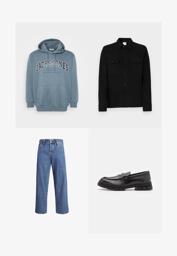 Blue hoodie made of soft fabric featuring a front pocket, drawstring hood, and large text print that reads "JACK & JONES WORLDWIDE."; Black button-up shirt made of smooth fabric, featuring two chest pockets, a point collar, and buttoned cuffs. Simple design with minimal detailing.; Light blue denim jeans with a straight-leg design, high waist, and minimal stitching details. The fabric has a soft, slightly faded texture.; Black leather loafers with a smooth finish, featuring a front strap detail and a chunky rubber sole with grooved accents.