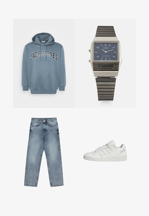 Blauwe hoodie van zachte stof met een voorkantzak, een capuchon met koord en grote tekstprint met de tekst "JACK & JONES WORLDWIDE."; Lichtblauwe denim jeans met een rechte pijp, zichtbare stiksels, vijf zakken en een knoopsluiting in de taille.; Witte Adidas laagtop sneakers met drie strepen aan de zijkant, vetersluiting en een gevoerde zool.; Casio digitale watch met een blauwe wijzerplaat, zilveren kast en gelaagde zwarte rubberen band. Toont de tijd en alarminstellingen. Waterbestendig.