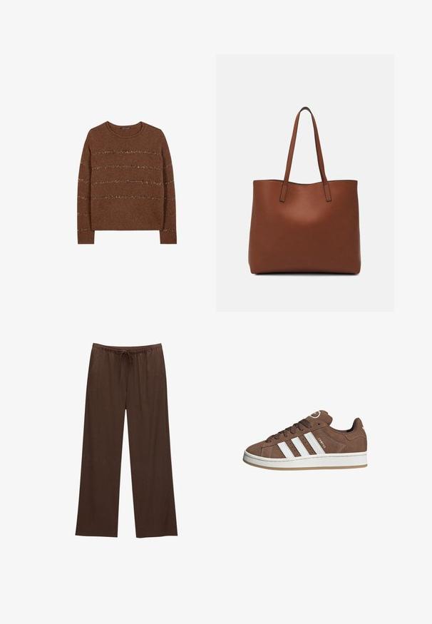 Brauner Strickpullover mit Rundhalsausschnitt, der strukturierte horizontale Streifen und metallische Akzente aufweist. Lange Ärmel und eine lässige Passform.; Braune weite Hosen aus weichem Stoff, mit einem elastischen Bund und Kordelzug sowie zwei Seitentaschen.; Braune Wildledersneaker mit weißen Lederstreifen, Gummisohle, gerundetem Zehenbereich und Schnürung. Mit einem Logo auf der Zunge und perforierten Akzenten.; Braune Leder-Tote mit glatter Textur, offenem Oberteil und zwei Schulterriemen. Verfügt über minimale Nähte und keine sichtbaren Beschläge.