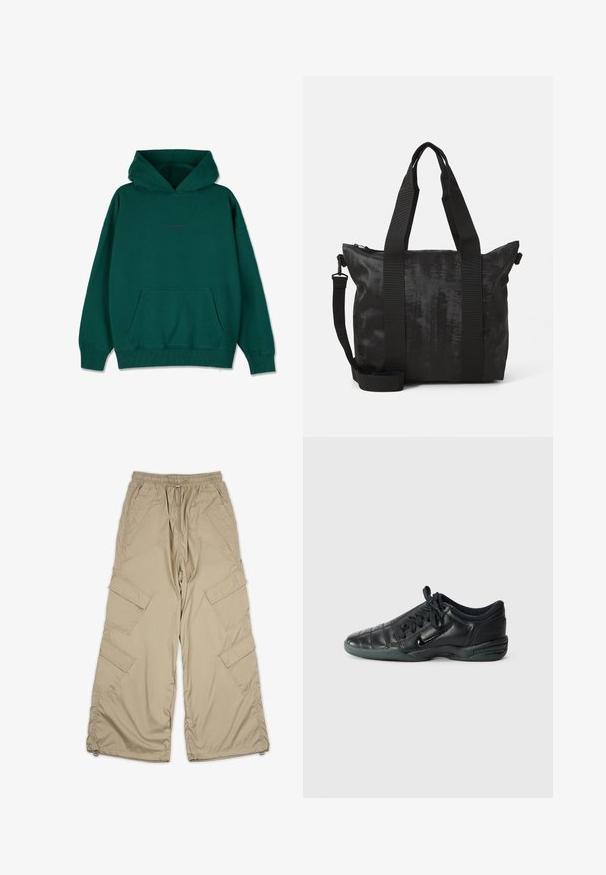 Zaļš kapuce, izgatavota no kokvilnas un sintētisko šķiedru maisījuma, ar priekšējo kanguru kabatu, ribinātiem piedurkņu galiem un brīvu piegriezumu. Diskrēts logo uz krūtīm.; Gaiši brūnas cargo bikses ar aukliņu jostu, vairākām sānu kabatām un brīvu piegriezumu. Izgatavotas no viegla, gluda materiāla ar šuvju detaļām.; Melnas ādas sporta kurpes ar kvadrātu dizainu, noapaļots pirksts, aukliņu aizdare priekšpusē un gumijas zole. Satur smalku zīmola simboliku sānos.; Melnā soma ar teksturētu audumu, divām augšējām rokturiem un noņemamu plecu siksnu. Aprīkota ar ieslēdzamu aizdari drošai uzglabāšanai.