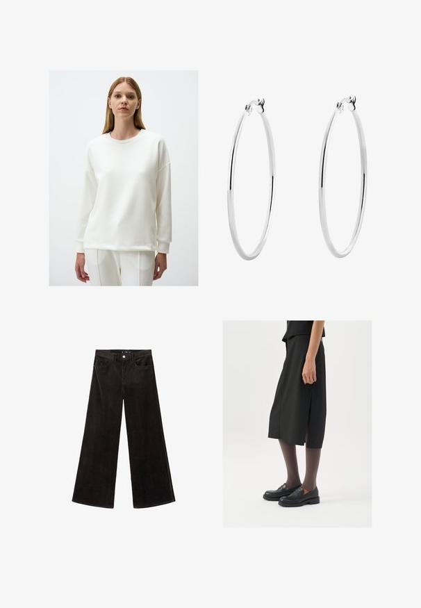Witte sweatshirt met ronde hals, lange mouwen, een relaxte pasvorm en geribde manchetten en zoom. Soepele textuur en minimalistisch ontwerp.; Zwarte corduroy wijde pijpen broek met een hoge taille, voorzakken en een gestructureerde stof, met een knoopsluiting en riemlussen.; Zwarte knielange rok met zijsplit, gecombineerd met zwarte loafers en doorzichtige bruine panty's, met een mooie stof en een eenvoudig ontwerp.; Zilveren oorringen met een gladde, gepolijste oppervlakte en een dunne, ronde vorm. Het ontwerp heeft een veilige sluiting.