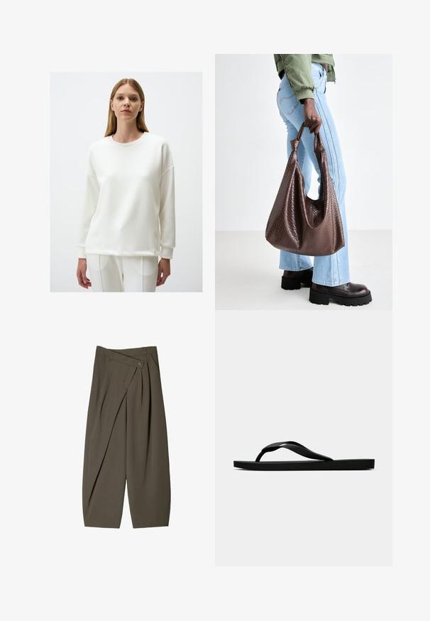 Witte sweatshirt met ronde hals, lange mouwen, een relaxte pasvorm en geribde manchetten en zoom. Soepele textuur en minimalistisch ontwerp.; Ruime broek in donkergroen stof, met een geplooide voorkant, een knoopsluiting en een gepolijste, gestructureerde afwerking.; Zwarte rubberen flip-flop sandaal met een getextureerde strap en een eenvoudige platte zool, zijaanzicht op een effen lichte achtergrond.; Bruine gevlochten leren tote bag met geknoopte handvatten, gedragen door een persoon in lichtblauwe spijkerbroek en zwarte Chunky schoenen. Gladde, textuurrijke oppervlakte.