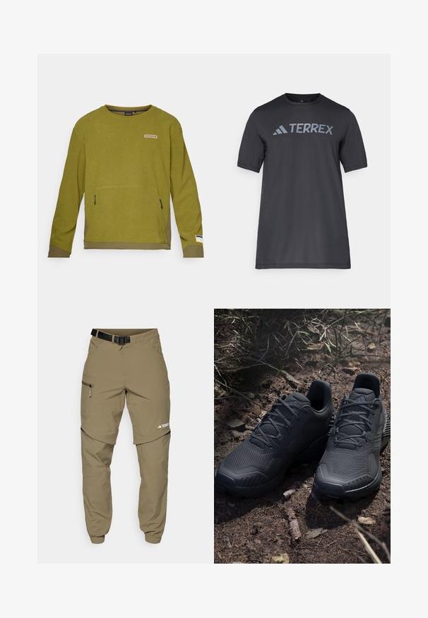 Olivově zelený dlouhý rukáv svetr s texturovanou tkaninou, s přední kapsou, logem nahoře a kontrastním spodním lemem.; Černé tričko s krátkým rukávem vyrobené z lehkého materiálu, s světle šedým logem "TERREX" přes hruď a kulatým výstřihem.; Khaki outdoorové kalhoty s nastavitelním černým páskem, zipovými kapsami, zúženými nohavicemi a odnímatelnými spodními nohavicemi pro univerzální styl.; Černé atletické boty s texturovaným pleteným svrškem, zpevněnou špičkou a měkkou podešví, vystavené na zemi s přírodními odstíny a roztroušenými větvičkami.
