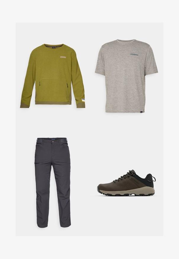Olive green long-sleeve sweatshirt with textured fabric, featuring a front pocket, logo patch above, and contrasting lower hem.; Gray short-sleeve t-shirt made of soft, textured fabric featuring a small blue Patagonia logo on the left chest. No additional patterns.; Dark gray trousers made of durable fabric, featuring a zippered pocket, straight cut, and belt loops for adjustable fit.; Brown waterproof sneakers with a textured upper, perforated accents, black heel support, and a grey rubber sole. Laces are styled with metallic ends.