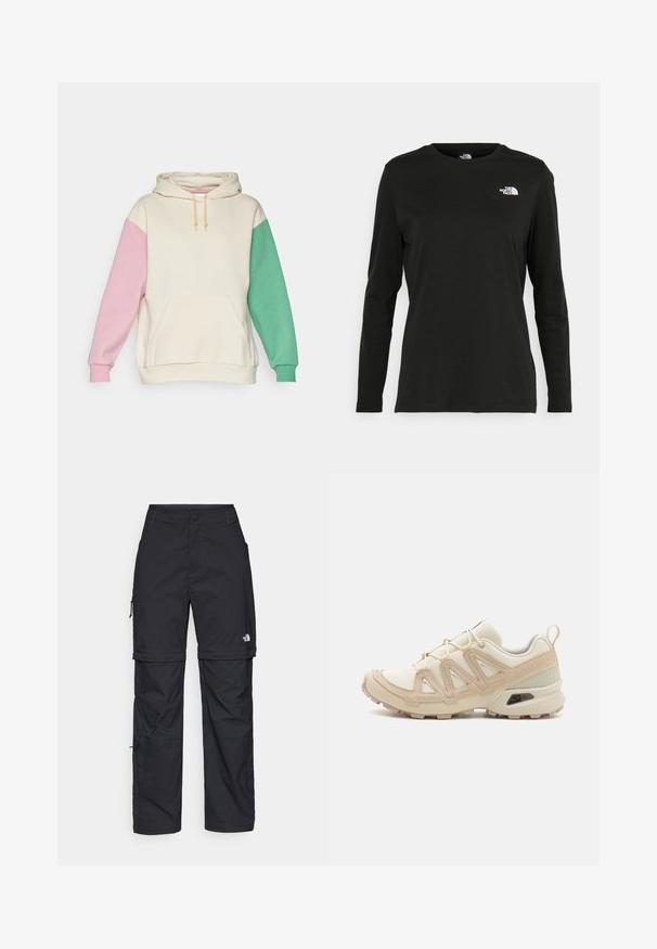 Krém színű kapucnis pulóver rózsaszín és zöld ujjakkal, elülső zsebbel és húzózsinórral. Puha, texturált anyagból készült.; Fekete, hosszú ujjú póló pamutból, kerek nyakkal. A bal mellrészen egy kis fehér logó található. Egyszerű dizájn és szabás.; Fekete nylon zipzáras cargo nadrág állítható mandzsettával, több zsebbel és logóval a jobb lábon. Simább, könnyű textúra.; Beige és krém színű sportcipő, texturált hálós felsőrésszel, támogató burkolattal és gumitalppal, amely tapadás érdekében bordázott mintázattal rendelkezik.